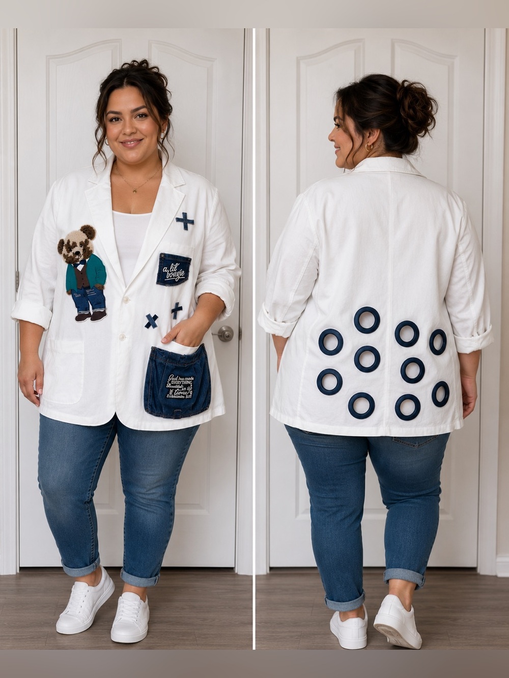 Upcycle off White Patchwork grommet & denim detail linen Blazer size 2X